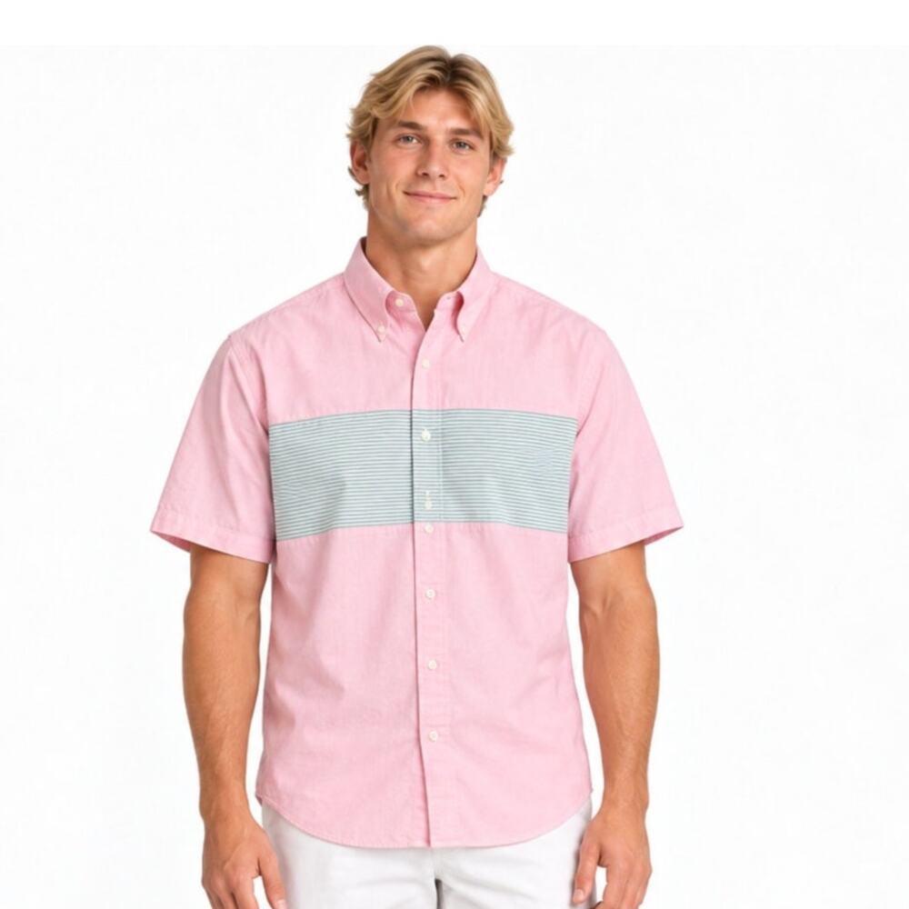Brooks Brothers Regent Fit Pink Green Oxford Shirt Size Large Color Block Cotton